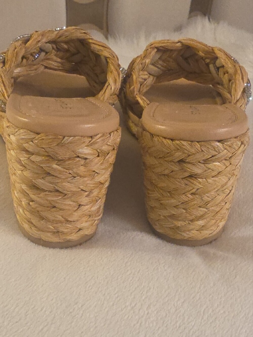 Stuart Weitzman LANA Natural Braided Raffia Wedge Sandals with Crystal Accents 8 - Picture 5 of 16